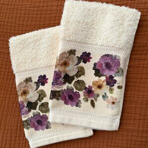 Ivory, Purple, and Green Floral Bathroom Hand Towels